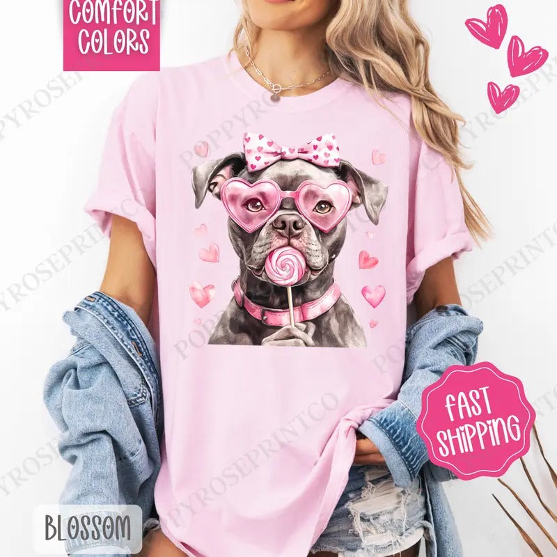 Valentine Pitbull Shirt Comfort Colors, Valentine's Day Women's Tee, Cute Women's Tshirt Hoodie, Sweatshirt | WearSparks.com