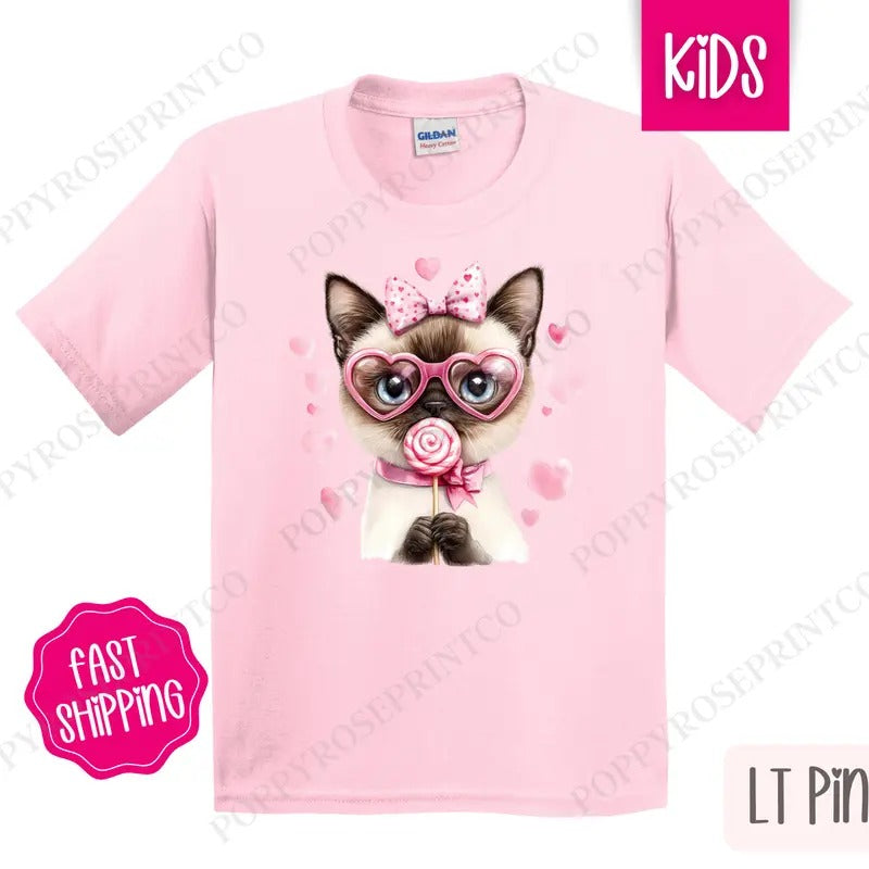 Valentine Siamese Cat Kids Shirt - Valentine's Day Children's Tshirt - Cute Youth Tee Gildan