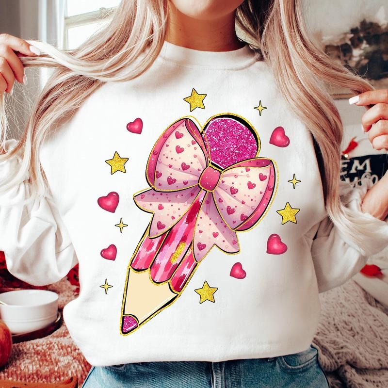 Valentine Teacher Coquette Bow Pencil Sweatshirt, Glitter Valentine Teacher Heart Sweatshirt, Teacher Valentine ,...