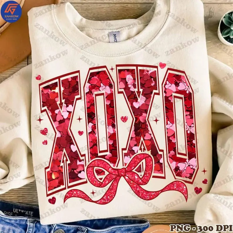 Valentine XOXO Coquette Sparkly Glitter sweatshirt-hoodie-tshirt, Xoxo PNG, Red Faux Sequins Valentines swetshirt,...