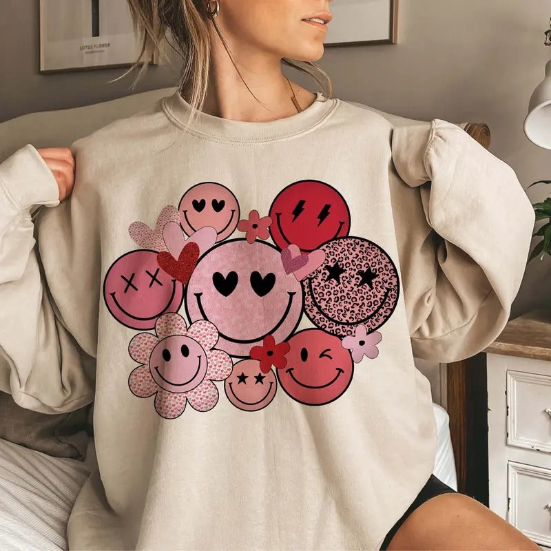 Valentine's Smiley Faces Sweatshirt, Love Smile Cowboy T-Shirt, Heart Roses Valentine's Day Crewneck, Romantic Clothing