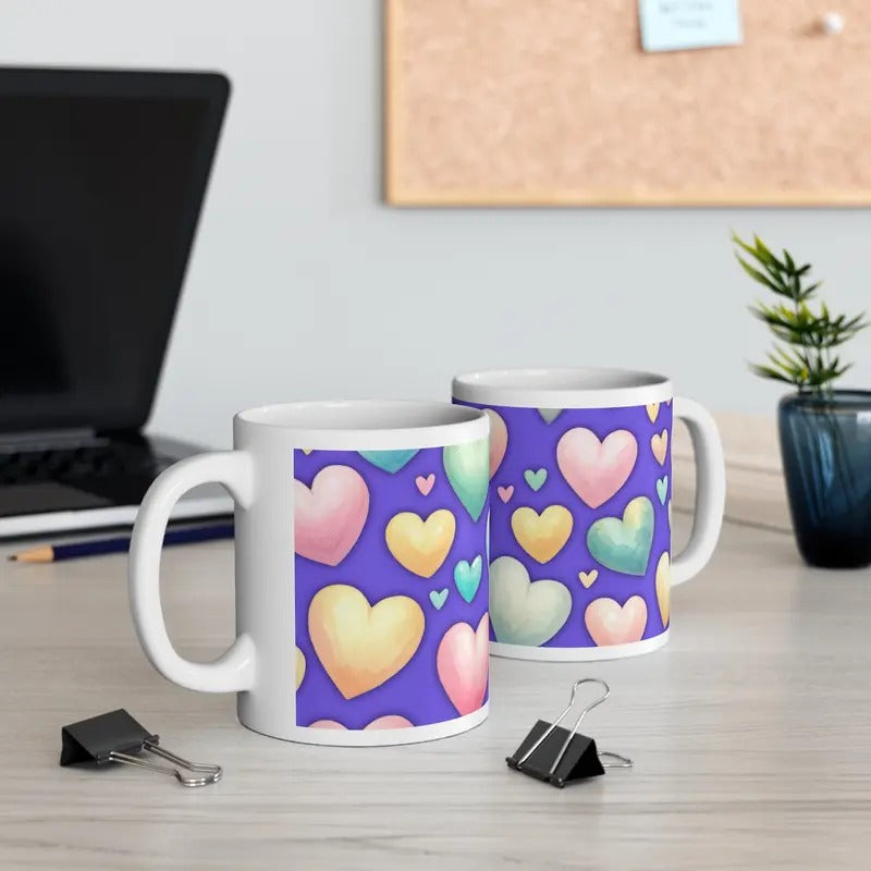 Valentines Day Purple Heart Ceramic Coffee Cups, 11oz by StormCandyCo.