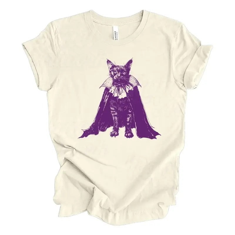 Vampire Cat Halloween Vintage Shirt, Spooky Season Tshirt, Cute Fall Graphic Tee, Animal Lover Gift Apparel Cotton Menswear Top