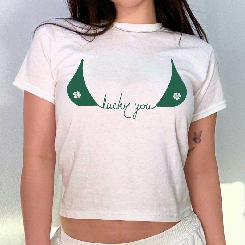 Varsity Lucky 4 Leaf Clover Baby Tee, Four Leaf Clover Baby Tee, St Pattys Day Tee, y2k baby tee