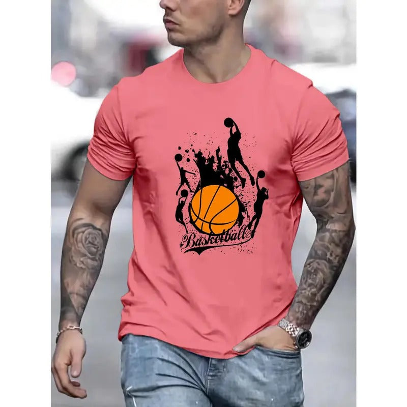 Vibrant Basketball Graphic Print T-shirt - Comfortable Short Sleeve, Classic Crew Neck, Ultra-Casual Wear - Perfect for Mens Summer Wardrobe, Ideal for Outdoor Activities Made in USA