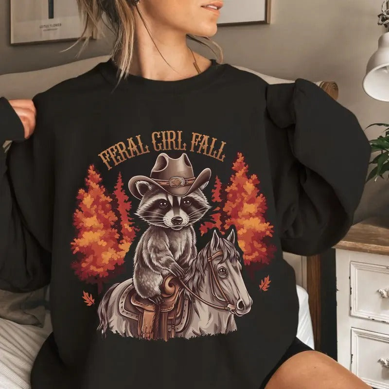 Vinatge Feral Girl Fall Cowgirl Country Side Western Sweatshirt, Cowgirl Fall Tree Riding Horse Unisex Shirt