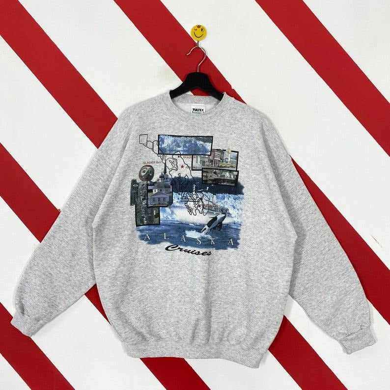 Vintage 90s Alaska Sweatshirt Alaska Crewneck Ketchikan Sweater Pullover Juneau Glacier Bay Sitka Skagway Fairbanks Print Logo Menswear Athletic