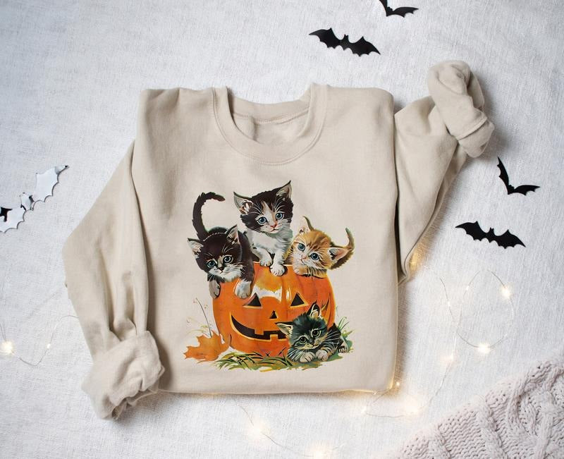 Vintage 90s Cat Halloween Sweatshirt, Retro Cat Halloween Sweater, Spooky Season Shirt, Pumpkin Fall Halloween Shirt, Fall Halloween Sweatshirt, Vintage Halloween Gift Shirt