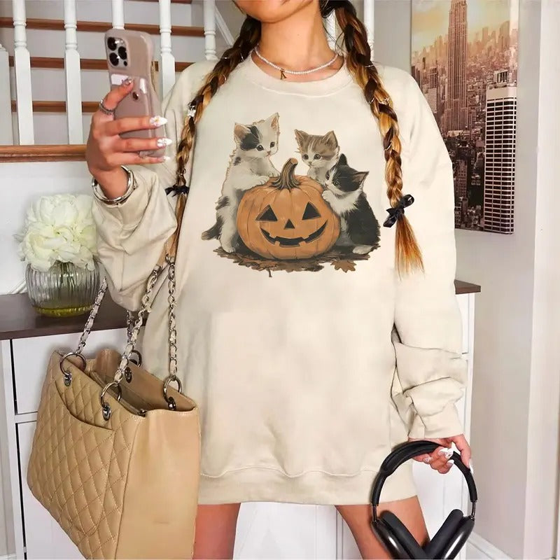 Vintage 90s Cat Halloween Sweatshirt, Retro Halloween Shirt, Cat Pumpkin Sweater, Retro Cat Halloween Shirt, Cat Lover Halloween Shirt, Spooky Season Sweater, 90s Halloween Shirt, Vintage Black Cat Sweatshirt
