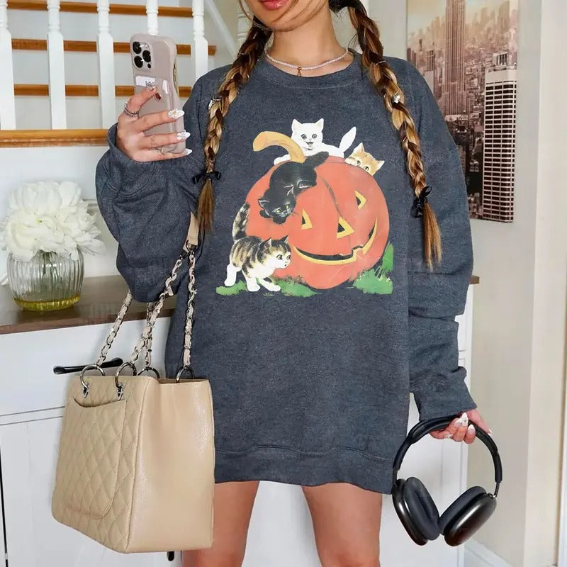 Vintage 90s Cat Halloween Sweatshirt, Retro Halloween Shirt, Cat Pumpkin Sweater, Retro Cat Halloween Shirt, Cat Lover Halloween Shirt, Spooky Season Sweater, Cute Halloween Shirt