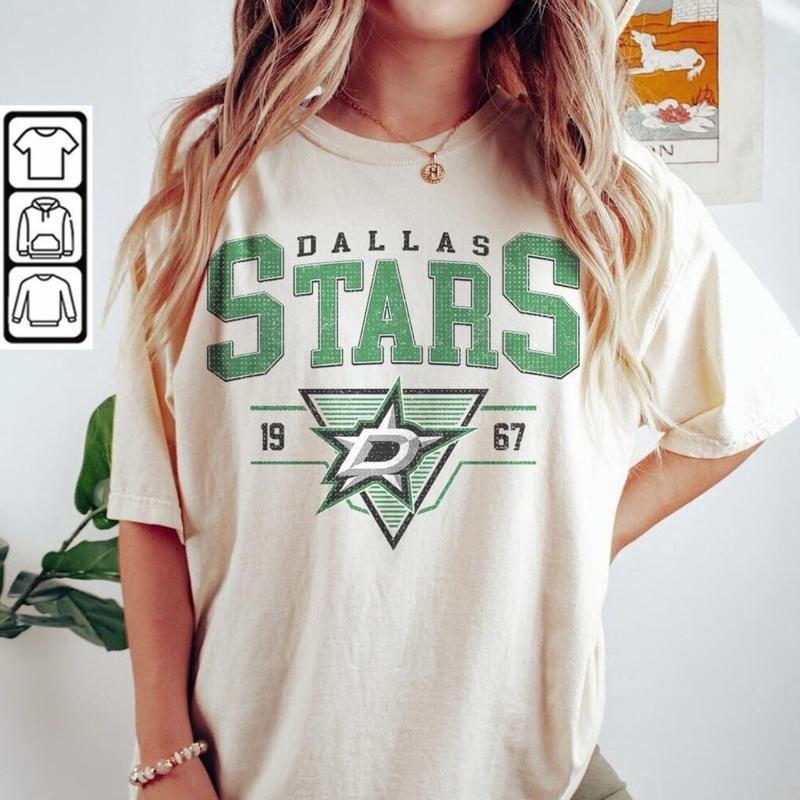 Vintage 90s Dallas Stars T-Shirt, Crewneck Dallas Stars T-Shirt, Hockey Gift Menswear Top Underwear Tshirt Streetwear Man Tropical Crewneck Shortsleeve Round Neck Casual