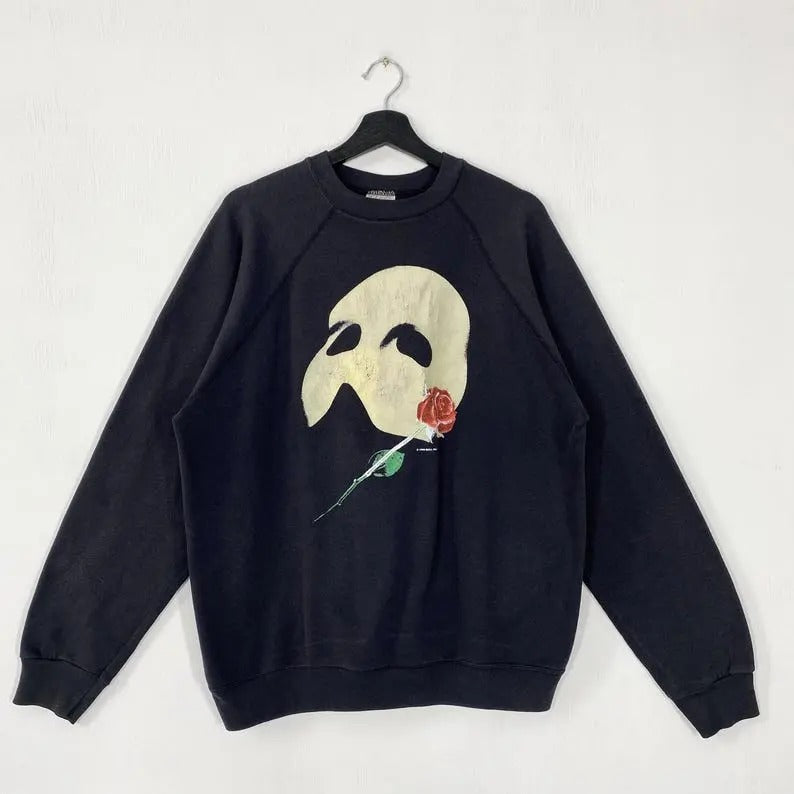 Vintage 90s Phantom Of The Opera Sweatshirt Phantom Of The Opera Crewneck Phantom Opera Sweater Pullover Phantom Opera Print Logo Black Menswear Athletic Collar
