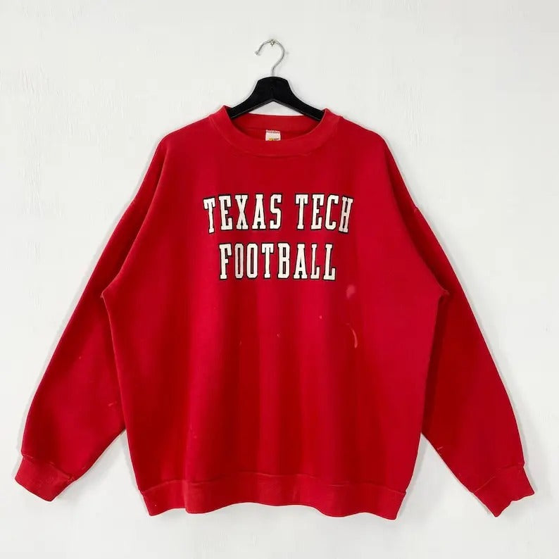 Vintage 90s Texas Tech University Sweatshirt Texas Tech Crewneck Texas Tech Sweater Pullover Texas Tech Red Raiders Print Logo Menswear Athletic Black Collar Casual
