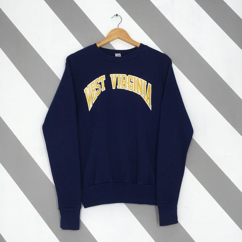 Vintage 90s West Virginia University Blue Sweatshirt Medium West Virginia Spell Out Crewneck WV Mountaineers Ncaa