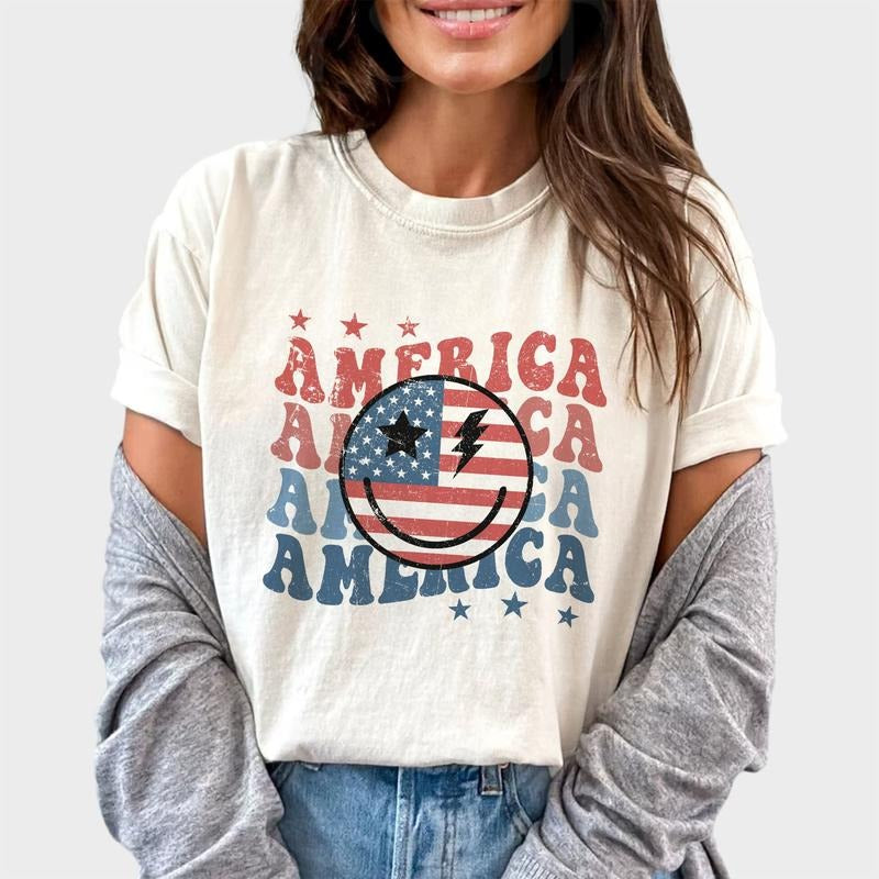 Vintage America Shirt, US Flag Smile Face Shirt, 4th of July Shirt, USA Independence Day Tshirt, Funny Happy Face Tops, Smiling Face Graphic Tee, American Tshirt, Patriotic Women Tops, Comfy Cotton Fabric Oversized Graphic Tee, Relaxed Fit Chic Style