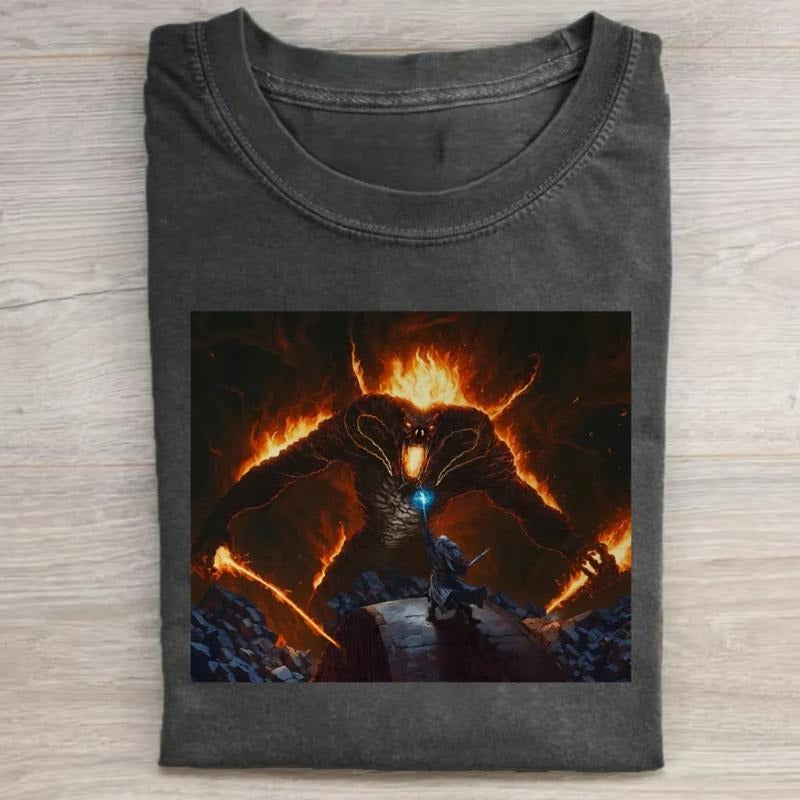 Vintage Balrog vs Gandalf Graphic Tee - The Lord of The Rings Movie Shirt - LOTR - Middle Earth - JRR Tolkien - Fantasy Ring - The Hobbits Menswear Top