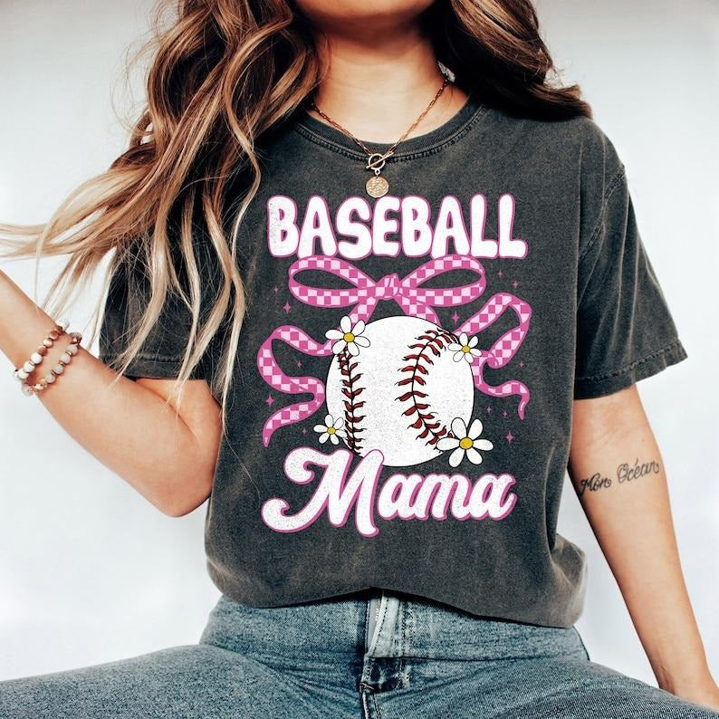 Vintage Baseball Mama Shirt, Coquette Baseball Bow Shirt, Mothers Day Gift For Baseball Mom, Gift For Baseball Lover