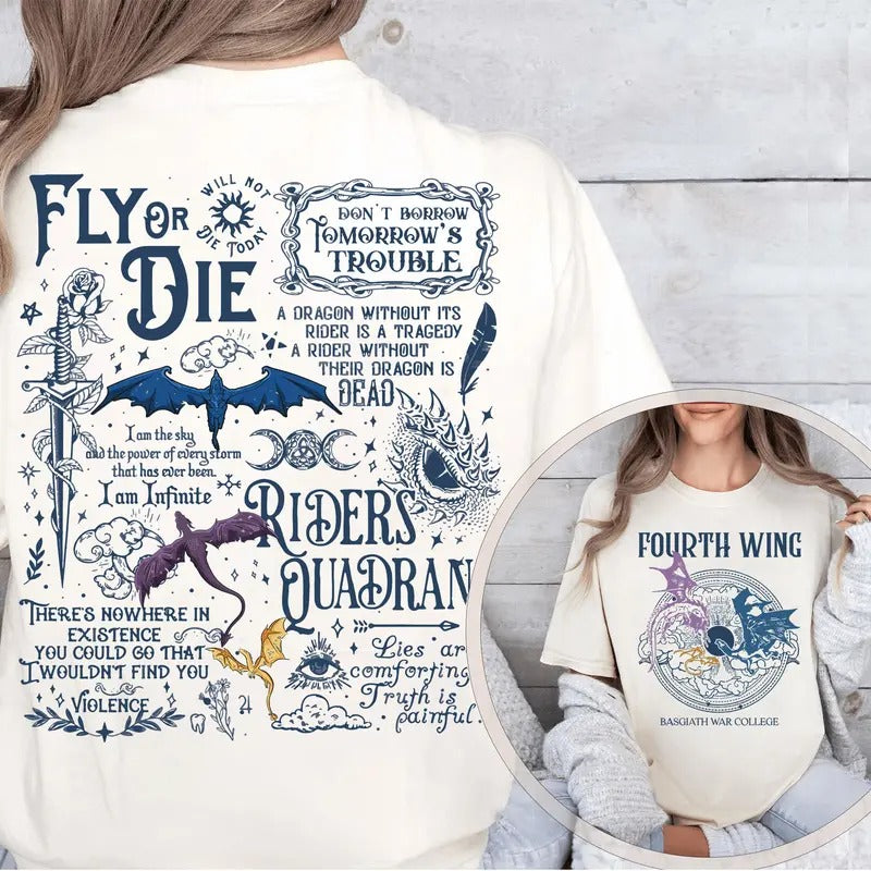 Vintage Basgiath War College 2 Sided Shirt, Fourth Wing Shirt, Dragon Rider, Violet Sorrengail Xaden Riorson Shirt, Fantasy Bookish Shirt Crewneck Top
