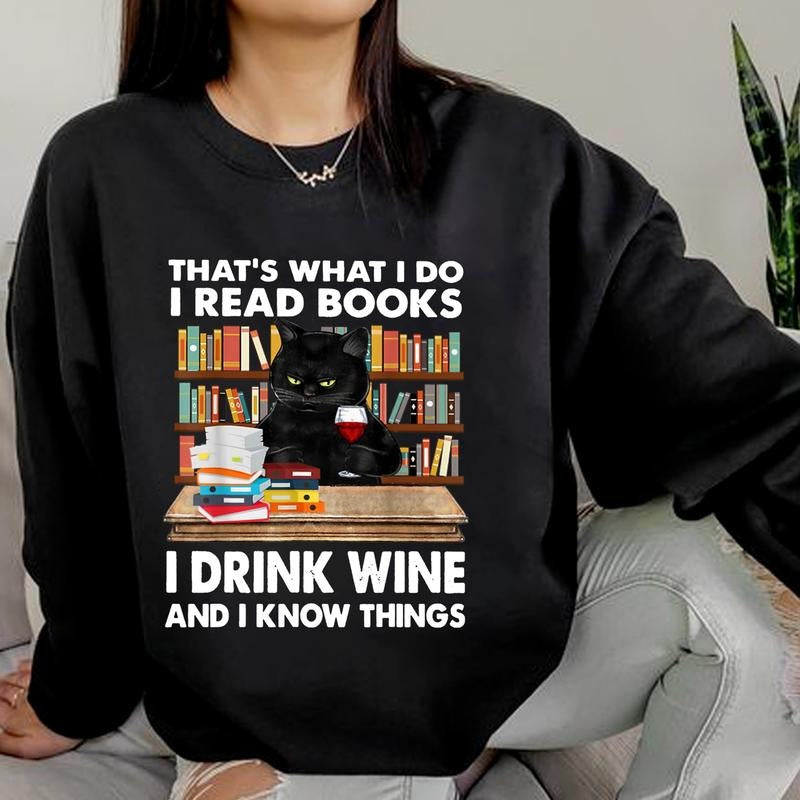 Vintage Black Cat And Books Shirt, That's What I Do I Read Books T-shirt, Book Lover Sweatshirt, Retro Bookish Shirt, Cat Lover Shirt