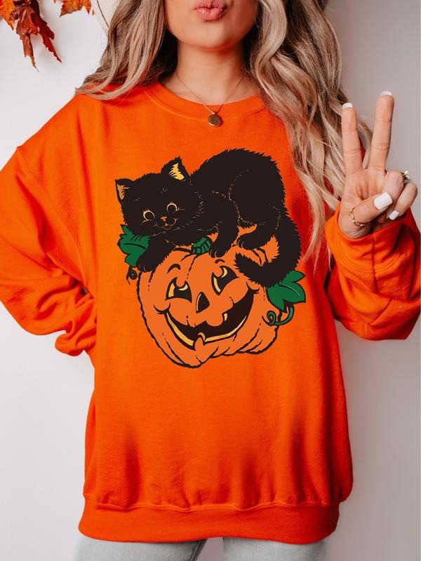 Vintage Black Cat On Pumpkin Sweatshirt, Black Cat Pumpkin Sweater, Retro 90s Halloween Shirt, Fall Crewneck Sweatshirt, Black Cat Sweater, Pumpkin Face Halloween Shirt, Halloween Black Cat T-shirt
