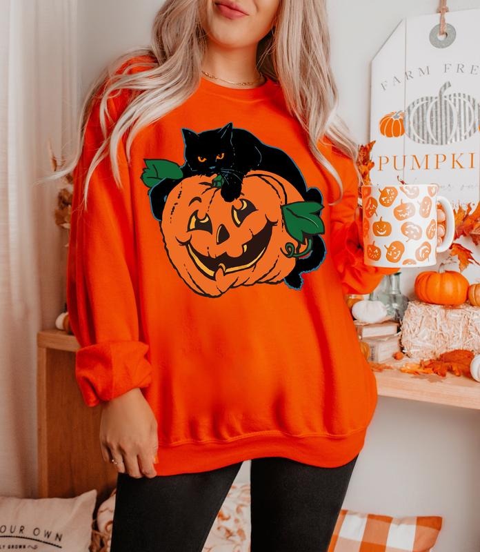 Vintage Black Cat On Pumpkin Sweatshirt, Retro 90s Halloween Shirt, Black Cat Pumpkin Shirt, Pumpkin Face Shirt, Fall Crewneck Sweatshirt, Black Cat Sweater, Halloween Black Cat T-shirt