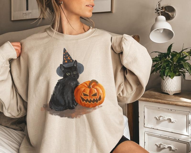 Vintage Black Cat Pumpkin Sweatshirt, Pumpkin Halloween Sweater, Autumn Fall Sweatshirt, Vintage Halloween, Ghost Cat Pumpkin Shirt, Spooky Season Shirt, Fall Halloween Gift Shirt