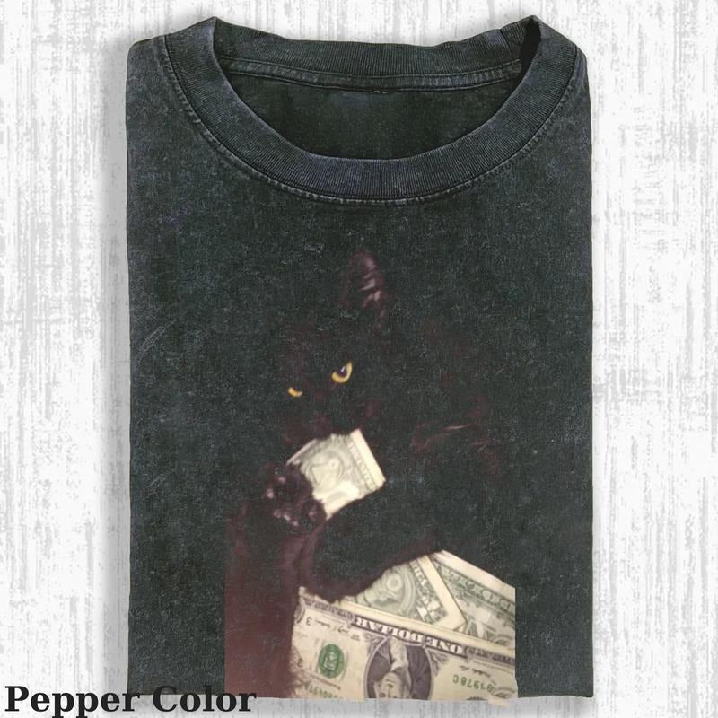 Vintage Black Lucky Cat Money Dollar T-shirt, Black Lucky Cat Money Dollar T-shirt, Cute Cat Shirt, Love Cat Tshirt- Meme Cringe Funny Dumb Shirts, Unisex Shirt Menswear Womenswear Streetwear