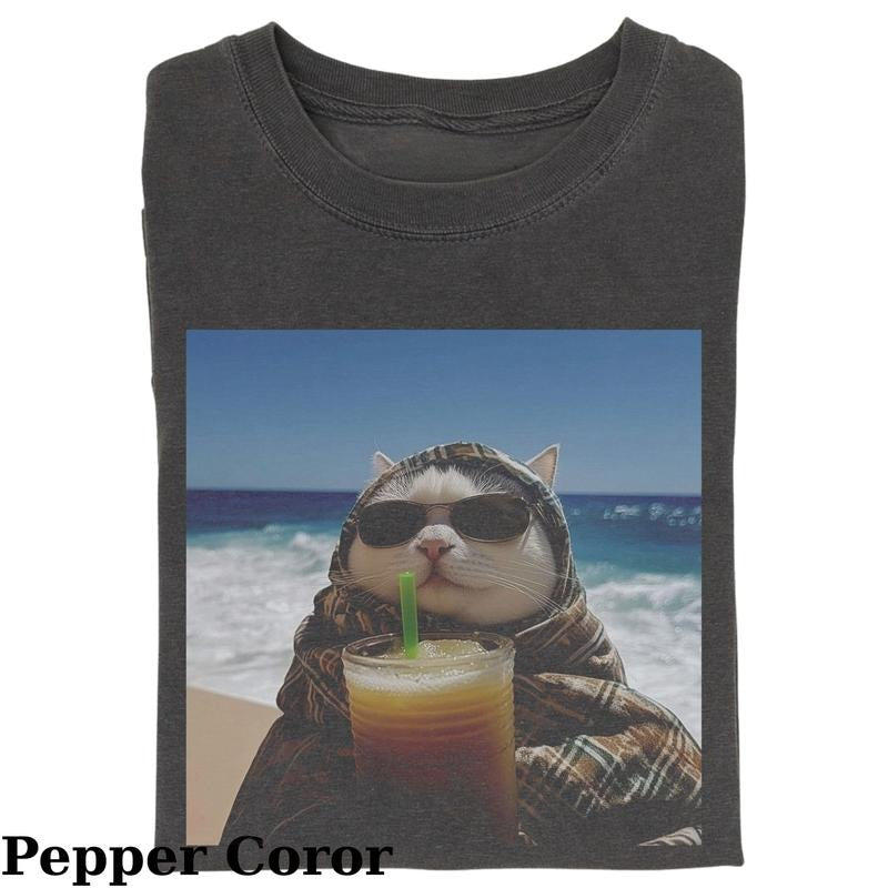 Vintage Cat Drinking Water On The Beach T-Shirt, Fantasy Kitten Tshirt, Cute Cat Shirt, Cool Cat Tshirt, Love Cat Tshirt, Meme Cringe Funny Dumb Shirts, Summer 2025 T-shirt, Unisex Shirt Menswear Womenswear Streetwearstyle{n002}2