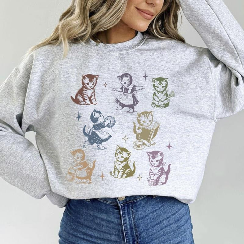 Vintage Cats Funny Unisex T-shirt Sweatshirt Hoodie Retro Cat Pattern Crazy Black Cat Owner Cotton Fit