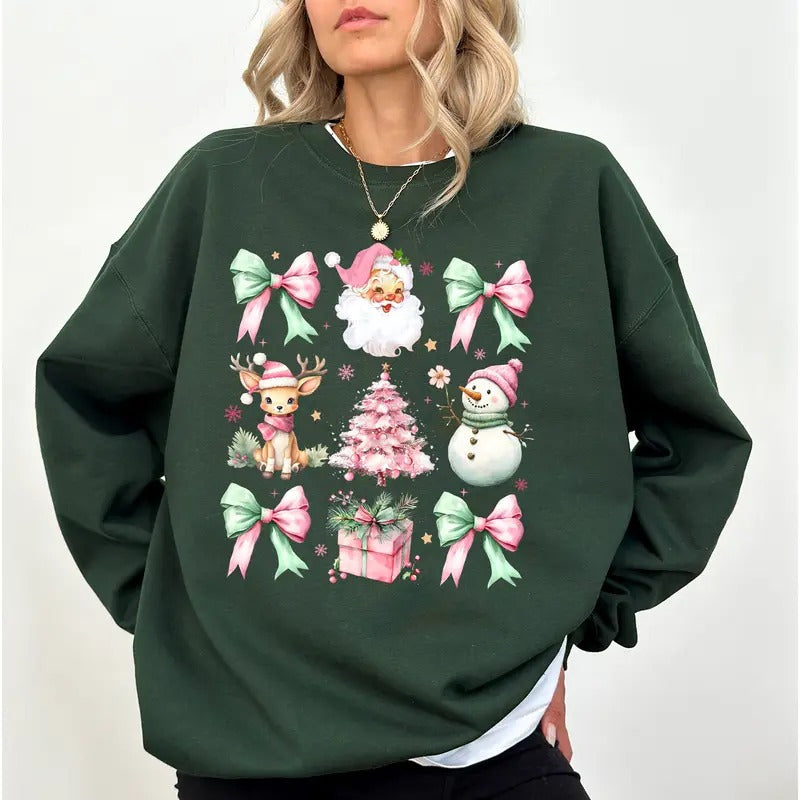Vintage Christmas Coquette Bow Sweatshirt, Girly Christmas Crewneck for Women, Cute Santa Sweatshirt, Pink Christmas Tree Holiday Tops, 2024 Christmas Gift for Girls, Santa Claus Crewneck, Soft Cotton Long Sleeve Pullover, Women's Top, Casual Womenswear