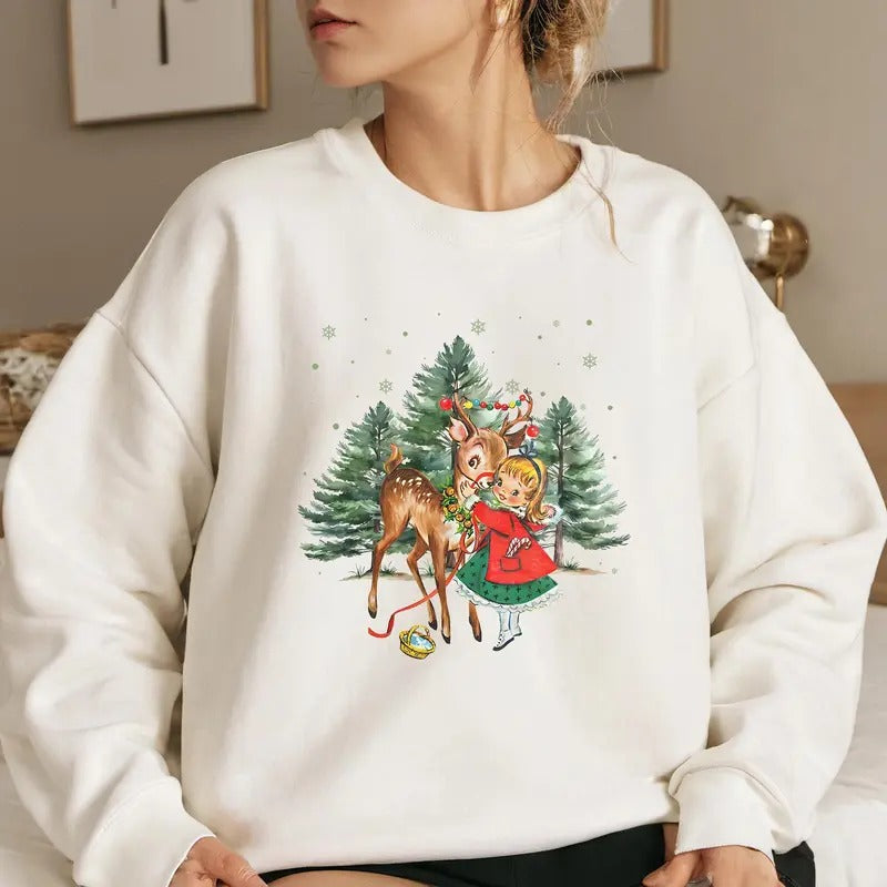 Vintage Christmas Girl and Reindeer Shirt, Retro Christmas Shirt, Retro 1950's Christmas Sweater, Christmas Tree Sweatshirt, Christmas Party Cotton Crewneck