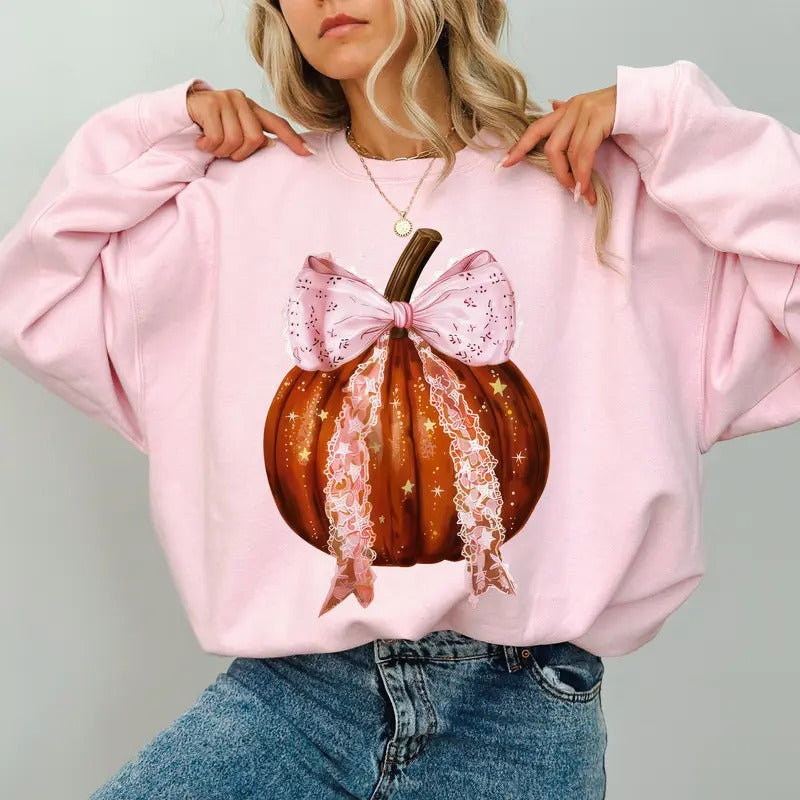 Vintage Coquette Bow Pumpkin Sweatshirt, Pink Bow Pumpkin Crewneck For Girls, Girly Fall Pumpkin Sweater, Gothic Halloween Pumpkin Crewneck, Spooky Season Outfits, Comfy Long Sleeve Pullover, Cute Women's Tops, Casual Womenswear, Comfort Fabric Cotton Top