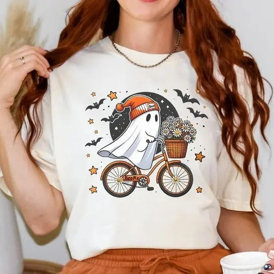 Vintage Cute Halloween Ghost Shirt, Halloween Women's Shirt, Fall Shirt, Halloween Party Shirt, Spooky Season Shirt, Autumn Shirt, Fall Shirt Top For Men Women Streetwear Summer Crewneck Shortsleeve T-Shirt Womenswear Round Neck Tshirt