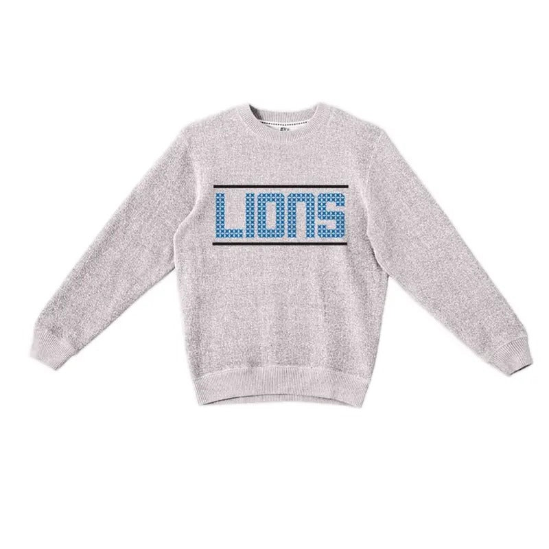 Vintage Detroit Style Football Sweatshirt Crew Neck Classic Cotton Fabric Knit Long Pullover with Graphic "LIONS" Design - Menswear