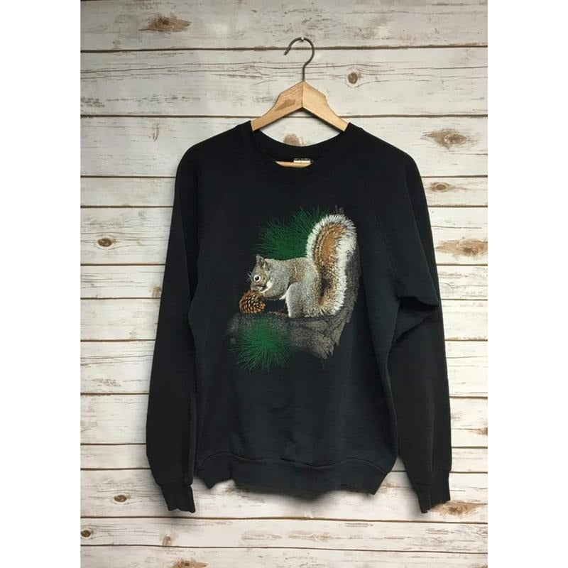 Vintage Distressed Squirrel crewneck sweatshirt ANimal print black crew neck sweatshirt hipster hippie boho festival sweatshirt Menswear Athletic