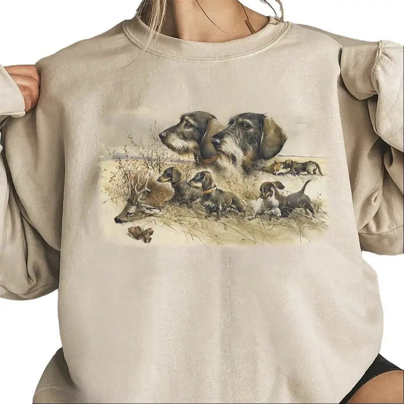 Vintage Dog 90s Hunting Season Sweatshirt Retro Hunting with Dog T-shirts Unisex Hoodie Pullover Cotton