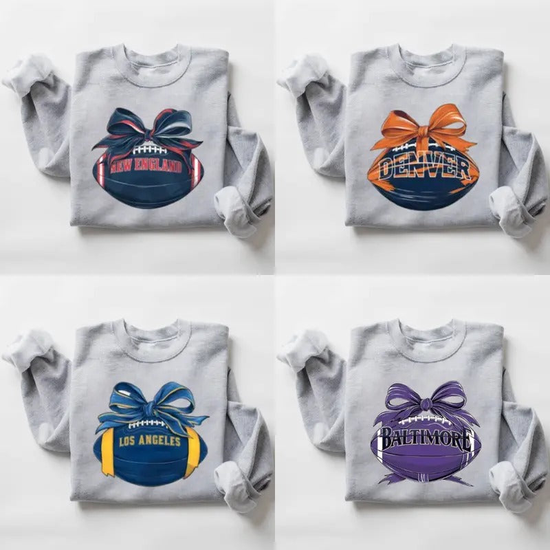 Vintage Football Sweatshirts, Giftable Sports Sweatshirt with Team Logo & Bow Design, Football Crewneck, Vintage Graphic Tees, Football Fan Gift, Unisex Shirt