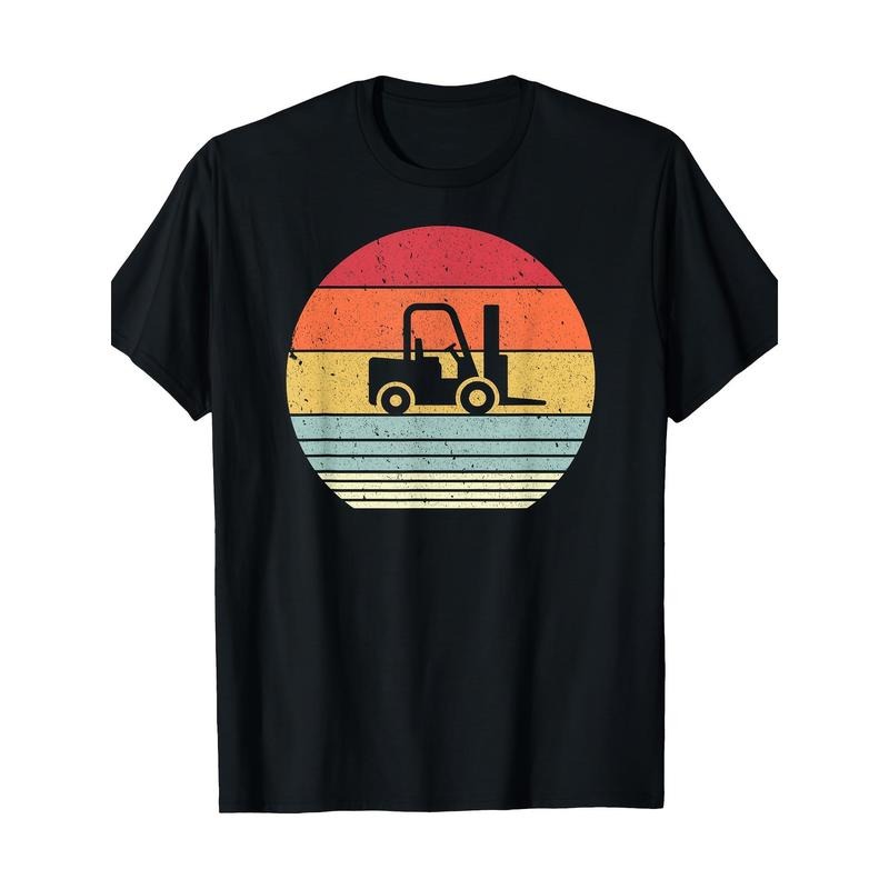 Vintage Forklift Graphic T-Shirt, 100% Cotton Knit Fabric, Regular Fit Short Sleeve Crew Neck Tee, All-Season Casual Wear, Digital Heat Transfer Pattern Made in USA