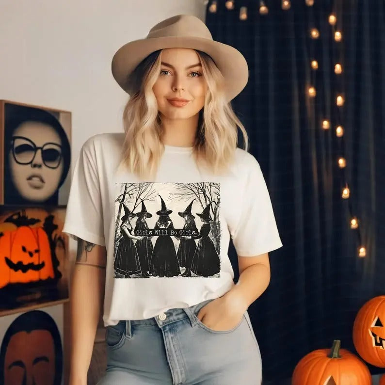 Vintage Girls Will Be Girls Witch Bella Tshirt, Funny Witch Vintage Shirt, Vintage Halloween Women Shirt, Witchy Shirt Top Womenswear Comfort