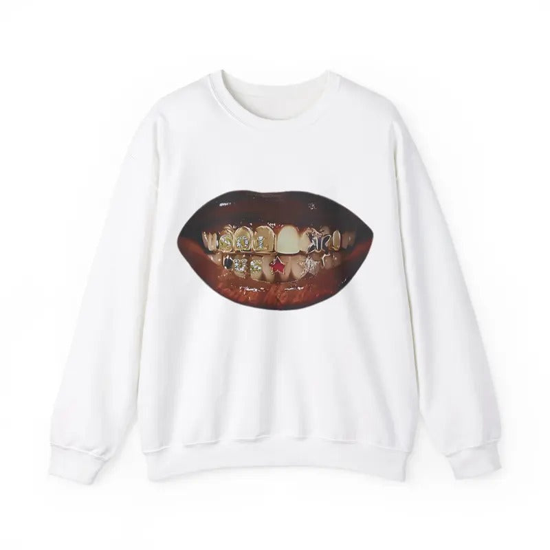 Vintage Grill Hiphop Heavy Blend Sweater Crewneck Sweatshirt Cotton Retro Graphic Mouth Print