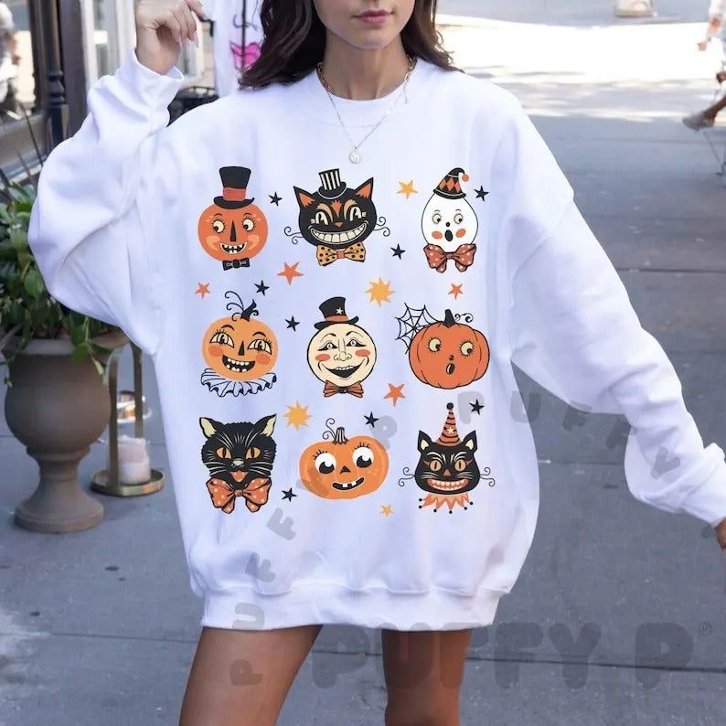 Vintage Halloween Shirt Cute Halloween Sweatshirt Black Cat Primitive Halloween Pumpkin Shirt Folk Art Retro Halloween Hoodie Fall Clothing T-shirt, sweater and Hoodie