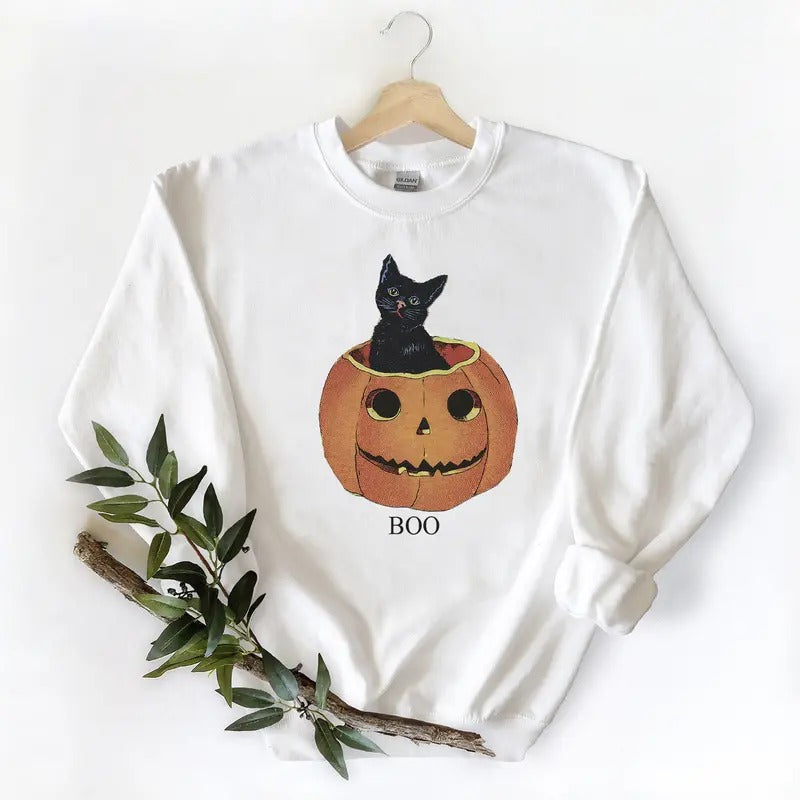 Vintage Halloween, Pumpkin sweatshirt, Black cat print, Mommy and me Hoodie Cotton Womenswear Crewneck Fabric Medium