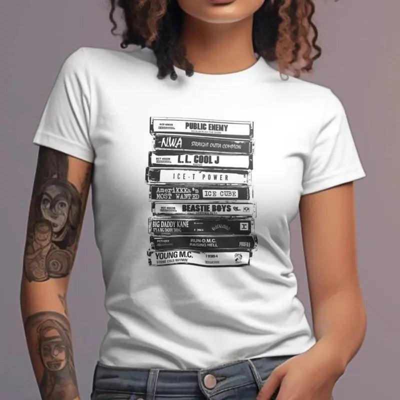 Vintage Hiphop Cassette Tapes Graphic Tee Shirt for Men - LL Cool J, Beastie Boys, NWA, and Public Enemy Music Shirt