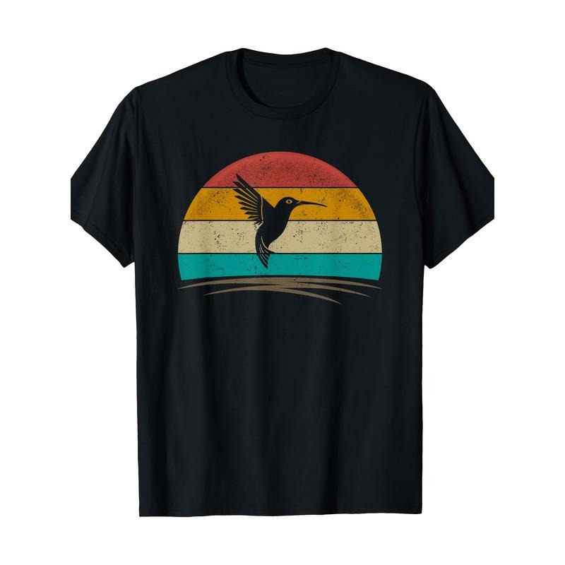 Vintage Hummingbird Graphic T-Shirt, 100% Cotton Casual Crew Neck Tee, Short Sleeve, Regular Fit, Digital Print Design for Bird Lovers, All Seasons Made in USA