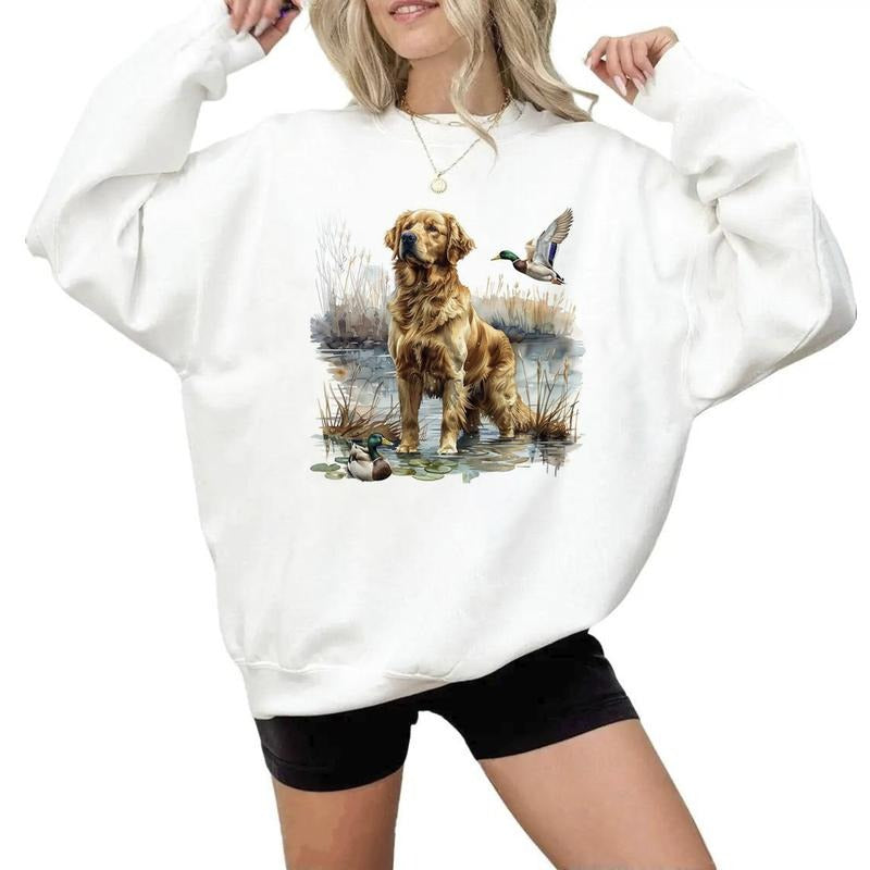 Vintage Hunting Dog Lake Wetland Duck T-shirt Unisex Hoodie 4th of July Sweatshirts Retro and National Hunting Day Cotton