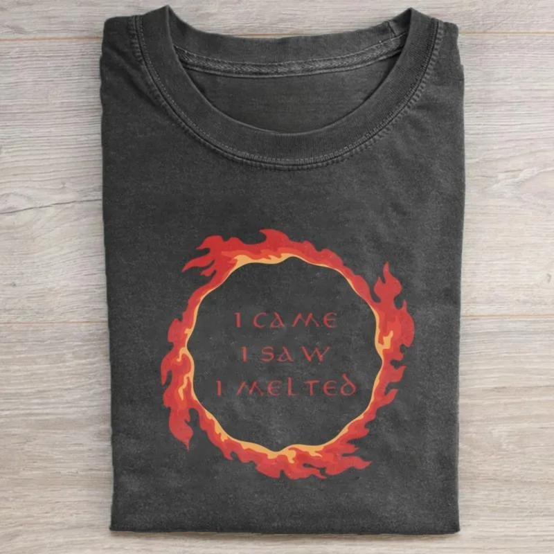 Vintage I Came I Saw I Melted Graphic Tee - The Lord of The Rings Movie Shirt - Casual Crewneck T-Shirt Featuring Text & Fiery Design - LotR