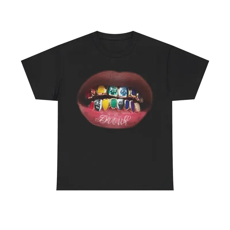 Vintage Icy Rainbow Grill Teeth Drouq Y2k 90s Hip-Hop Vibes Heavy Cotton Graphic T-Shirt Tshirt Shirt HipHop Rap Tee Casual Menswear Retro Top Classic Oversized Comfy Underwear Streetwear Crewneck