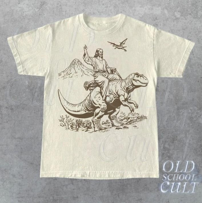 Vintage Jesus Riding Dinosaur 90s Tshirt, Retro Jesus Shirt, He Is Rizzen Shirt
