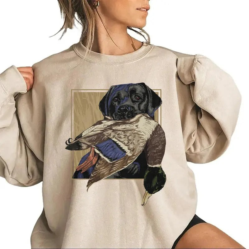 Vintage Lab Dog Hunting Mallard Duck Sweatshirt, T-shirt, Hello Hunting Season Hoodie, Unisex for Husband, Wife, Nature Animal Lover Cotton