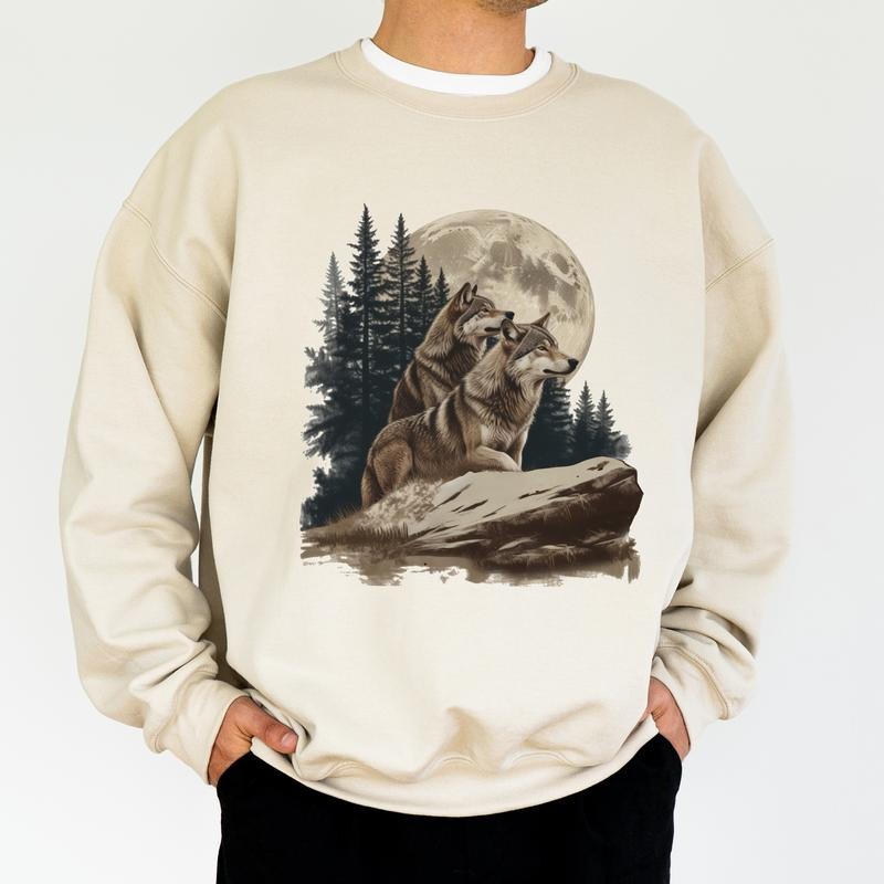 Vintage Nature Moon Howling Wolves Sweatshirt, Retro Wolf Graphic Sweater, Wild Wolves Tops, Wolf Lover Gift Ideas, Wildlife Animals, Classic Menswear